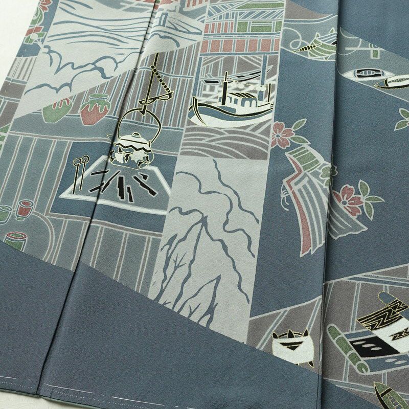 訪問着 良品 落款入り しつけ糸付き 縮緬 正絹 古典柄 袷仕立て 身丈151cm 裄丈63cm 箔 フォーマル 着物 青・紺_画像4