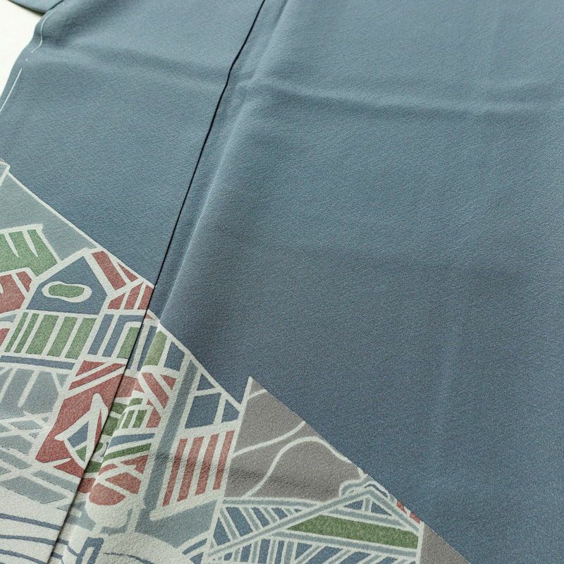 訪問着 良品 落款入り しつけ糸付き 縮緬 正絹 古典柄 袷仕立て 身丈151cm 裄丈63cm 箔 フォーマル 着物 青・紺_画像5