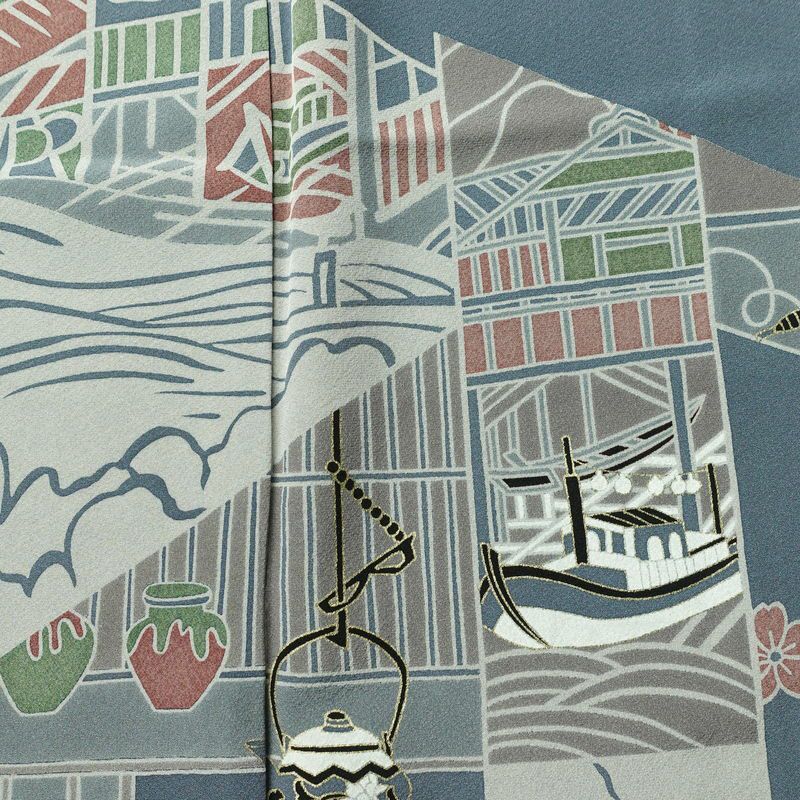 訪問着 良品 落款入り しつけ糸付き 縮緬 正絹 古典柄 袷仕立て 身丈151cm 裄丈63cm 箔 フォーマル 着物 青・紺_画像6