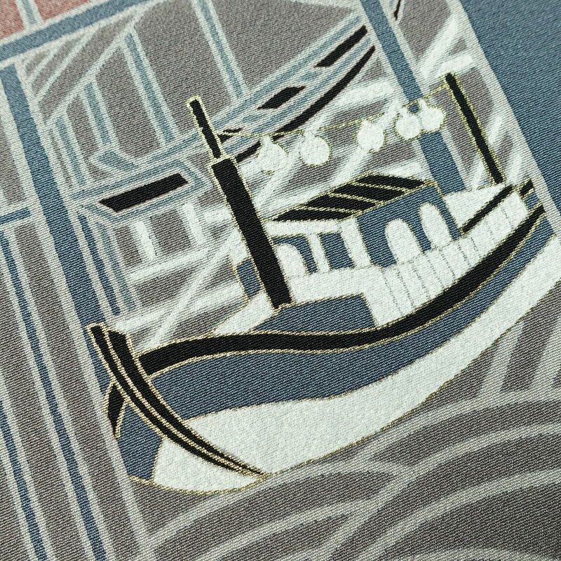 訪問着 良品 落款入り しつけ糸付き 縮緬 正絹 古典柄 袷仕立て 身丈151cm 裄丈63cm 箔 フォーマル 着物 青・紺_画像7