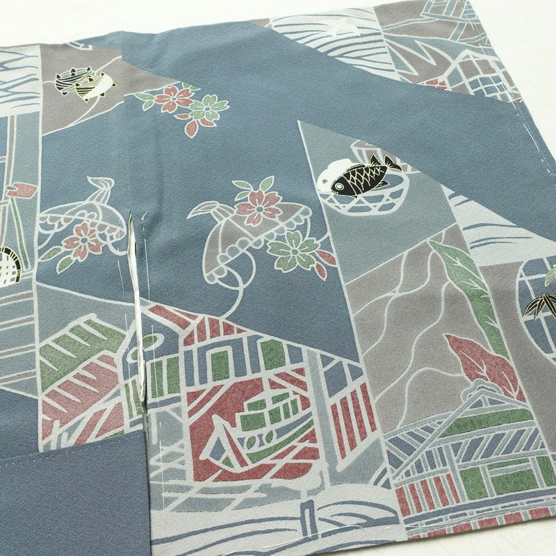 訪問着 良品 落款入り しつけ糸付き 縮緬 正絹 古典柄 袷仕立て 身丈151cm 裄丈63cm 箔 フォーマル 着物 青・紺_画像13