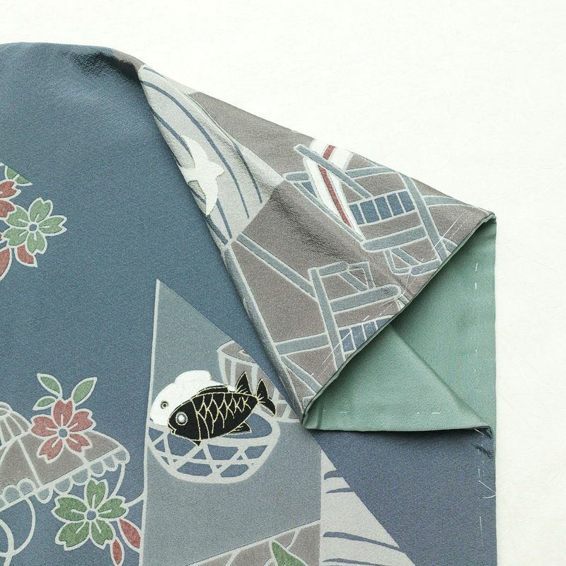 訪問着 良品 落款入り しつけ糸付き 縮緬 正絹 古典柄 袷仕立て 身丈151cm 裄丈63cm 箔 フォーマル 着物 青・紺_画像15