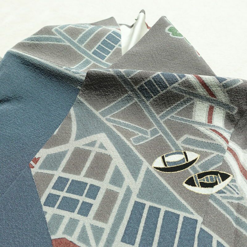 訪問着 良品 落款入り しつけ糸付き 縮緬 正絹 古典柄 袷仕立て 身丈151cm 裄丈63cm 箔 フォーマル 着物 青・紺_画像18