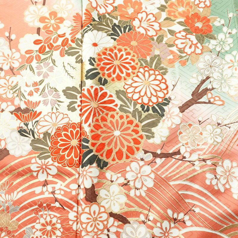 振袖 良品 正絹 木の葉・植物柄 袷仕立て 身丈163.5cm 裄丈69cm 箔 金彩 フォーマル 着物 緑・うぐいす色_画像6