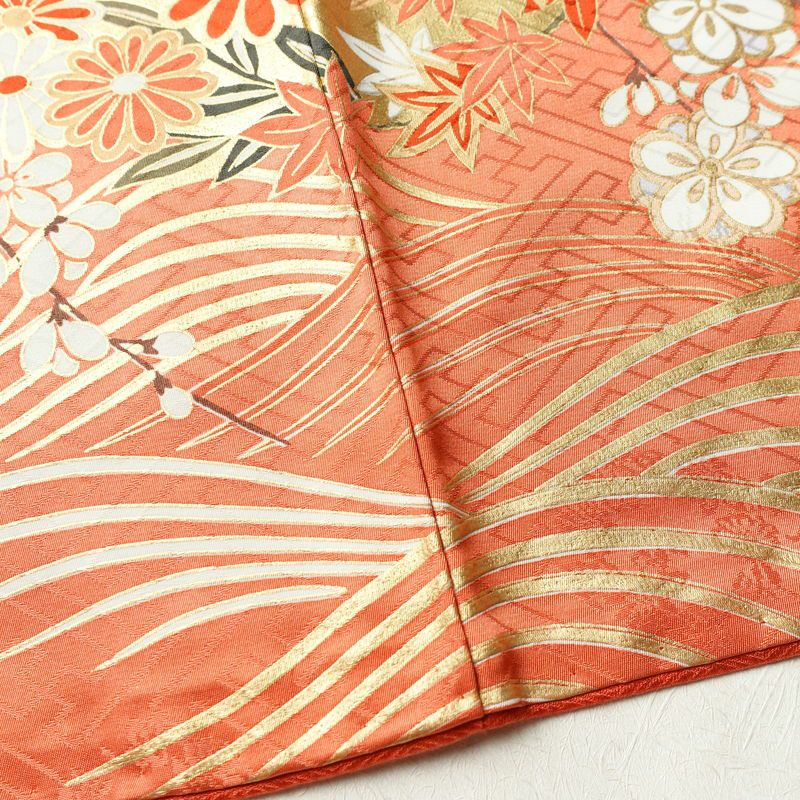 振袖 良品 正絹 木の葉・植物柄 袷仕立て 身丈163.5cm 裄丈69cm 箔 金彩 フォーマル 着物 緑・うぐいす色_画像12