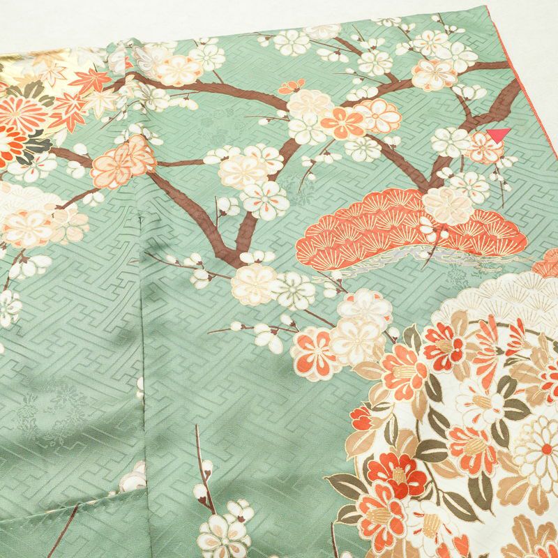 振袖 良品 正絹 木の葉・植物柄 袷仕立て 身丈163.5cm 裄丈69cm 箔 金彩 フォーマル 着物 緑・うぐいす色_画像14