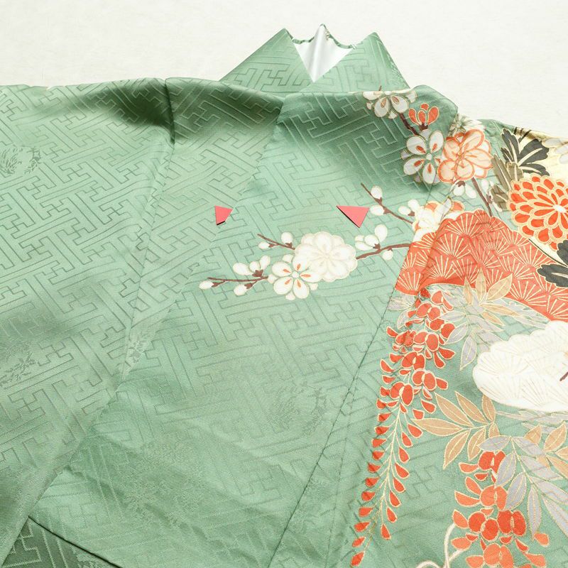 振袖 良品 正絹 木の葉・植物柄 袷仕立て 身丈163.5cm 裄丈69cm 箔 金彩 フォーマル 着物 緑・うぐいす色_画像17