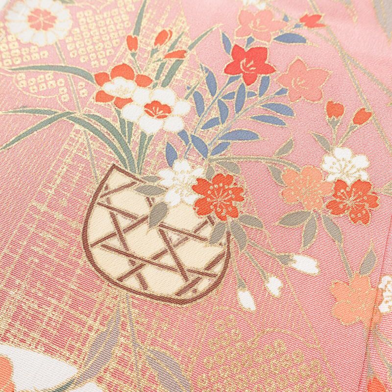 訪問着 美品 しつけ糸付き 正絹 古典柄 袷仕立て 身丈161cm 裄丈63cm 箔 金彩 菊 フォーマル 着物 ピンク_画像9