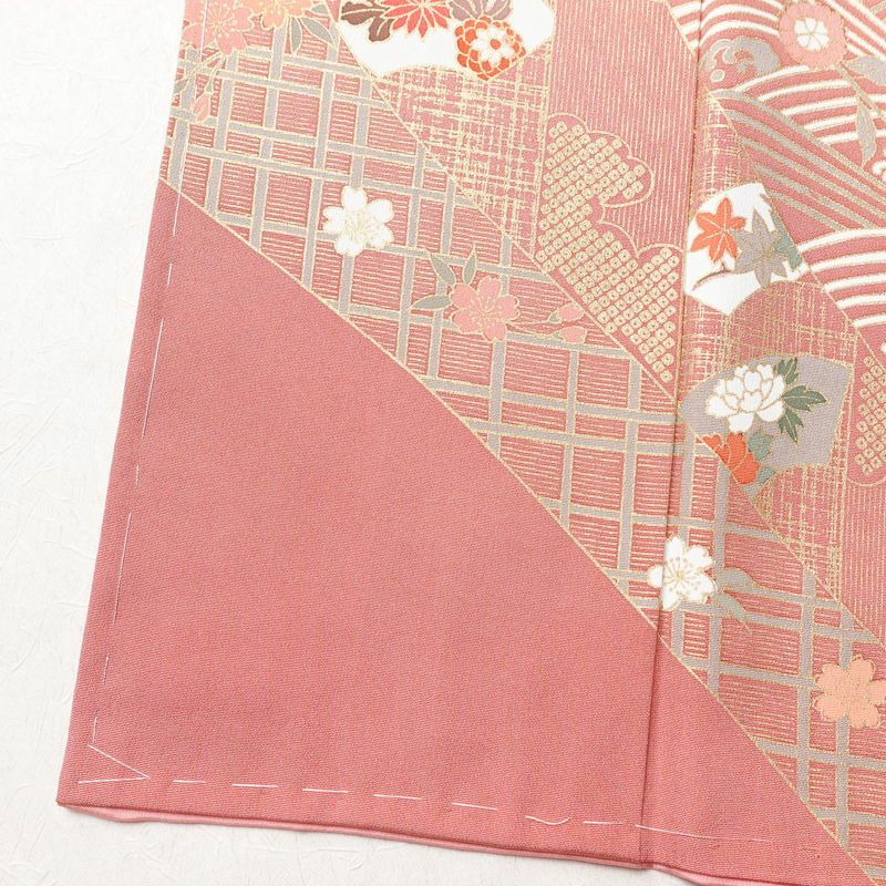 訪問着 美品 しつけ糸付き 正絹 古典柄 袷仕立て 身丈161cm 裄丈63cm 箔 金彩 菊 フォーマル 着物 ピンク_画像12