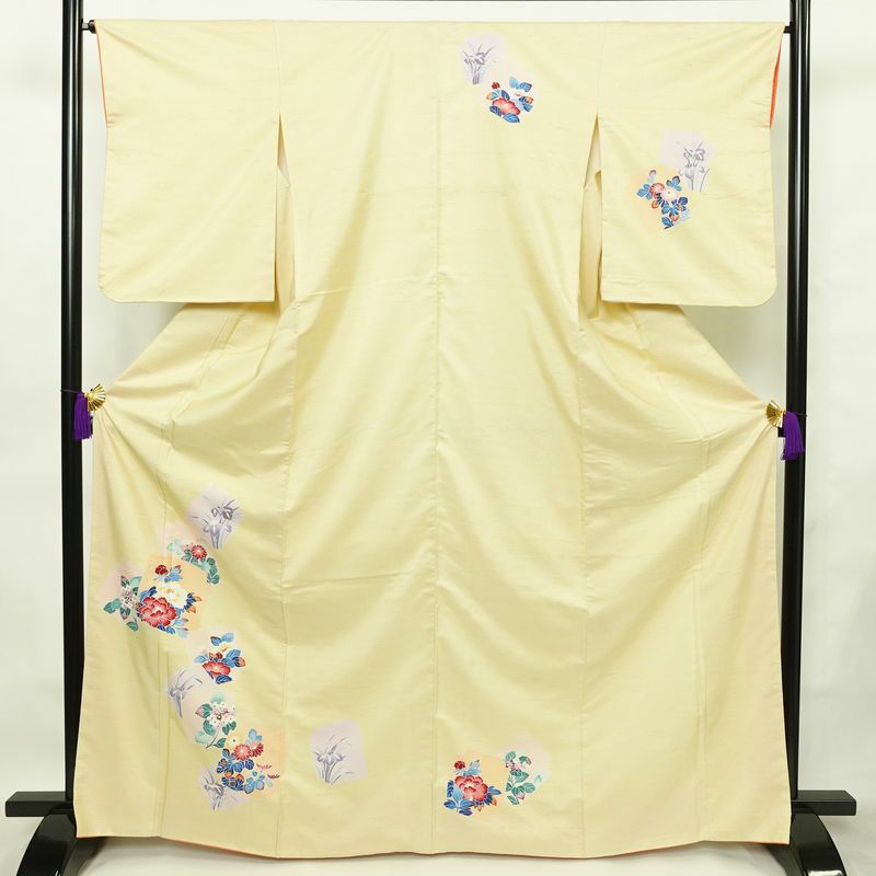 付け下げ 良品 紬地 正絹 花柄 袷仕立て 身丈167cm 裄丈66.5cm 着物 クリーム_画像1