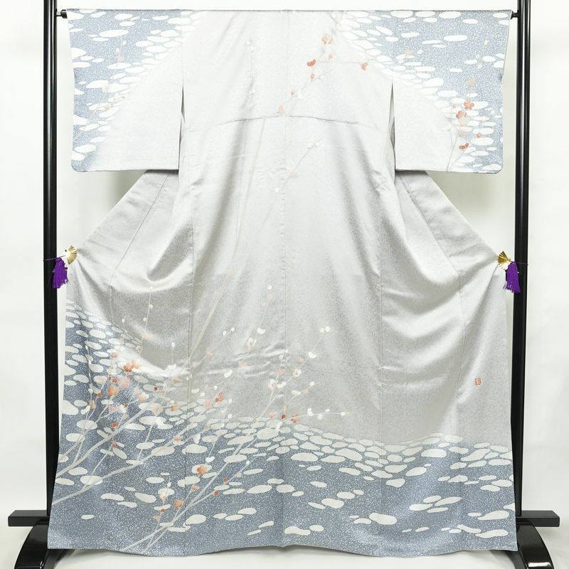 付下げ 身丈161cm 裄丈66.5cm M 袷 墨流し 銀通し 灰白 正絹 美品 秀品  