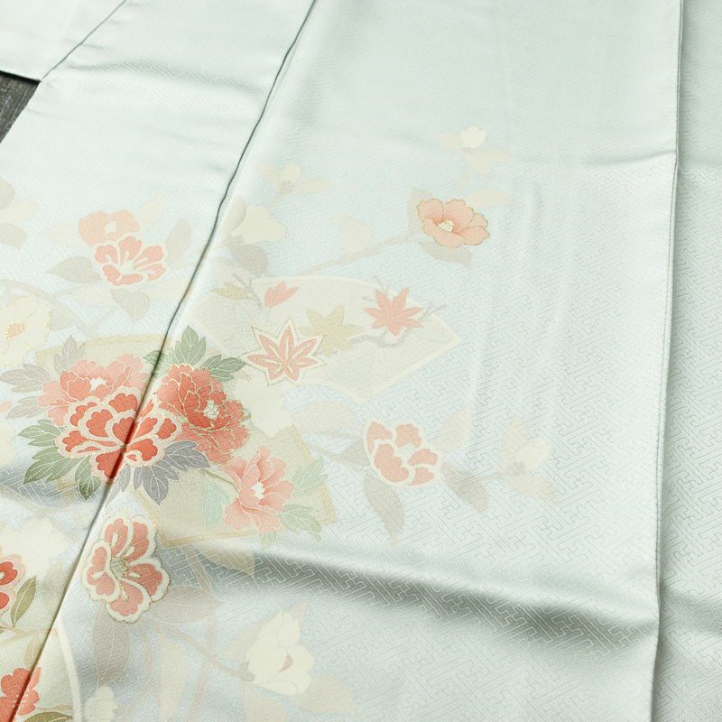 訪問着 美品 綸子 花柄 袷仕立て 身丈166.5cm 裄丈69.5cm 箔 一部しつけ糸付き フォーマル 着物 青・紺_画像5