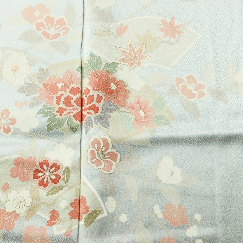 訪問着 美品 綸子 花柄 袷仕立て 身丈166.5cm 裄丈69.5cm 箔 一部しつけ糸付き フォーマル 着物 青・紺_画像6