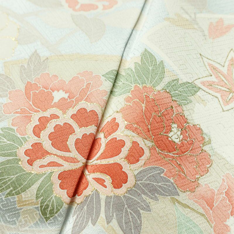 訪問着 美品 綸子 花柄 袷仕立て 身丈166.5cm 裄丈69.5cm 箔 一部しつけ糸付き フォーマル 着物 青・紺_画像7