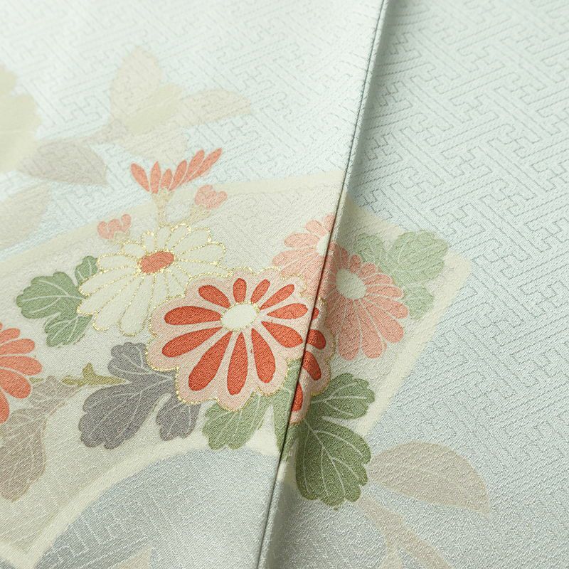 訪問着 美品 綸子 花柄 袷仕立て 身丈166.5cm 裄丈69.5cm 箔 一部しつけ糸付き フォーマル 着物 青・紺_画像11