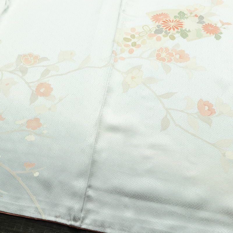 訪問着 美品 綸子 花柄 袷仕立て 身丈166.5cm 裄丈69.5cm 箔 一部しつけ糸付き フォーマル 着物 青・紺_画像14