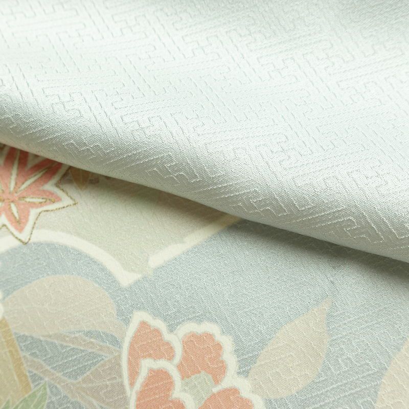 訪問着 美品 綸子 花柄 袷仕立て 身丈166.5cm 裄丈69.5cm 箔 一部しつけ糸付き フォーマル 着物 青・紺_画像20