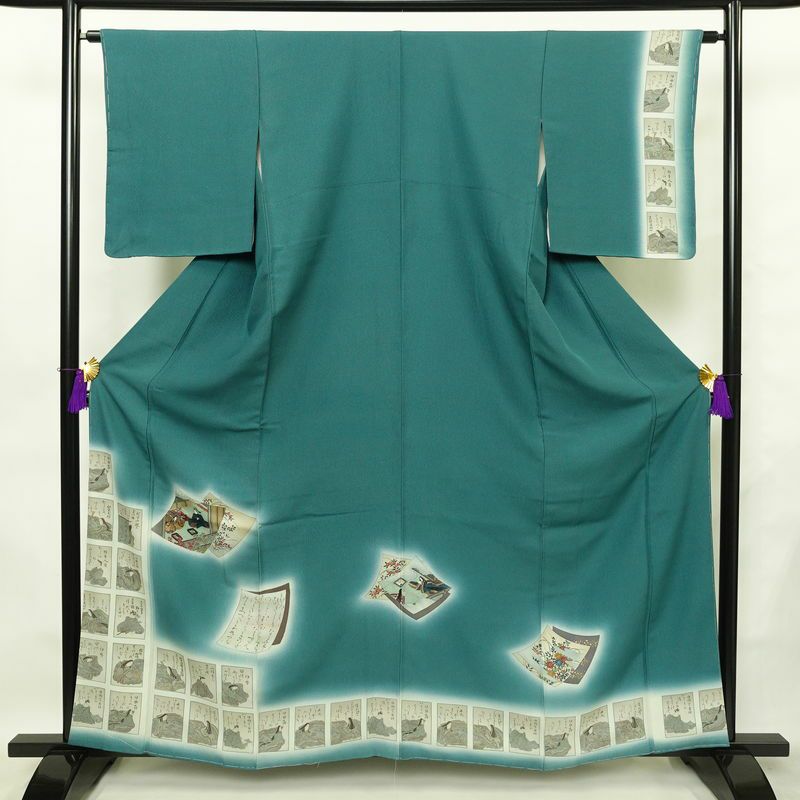 付け下げ 美品 しつけ糸付き 縮緬 正絹 人物・動物柄 袷仕立て 身丈161cm 裄丈64cm 箔 共八掛 フォーマル 着物 緑・うぐいす色_画像1