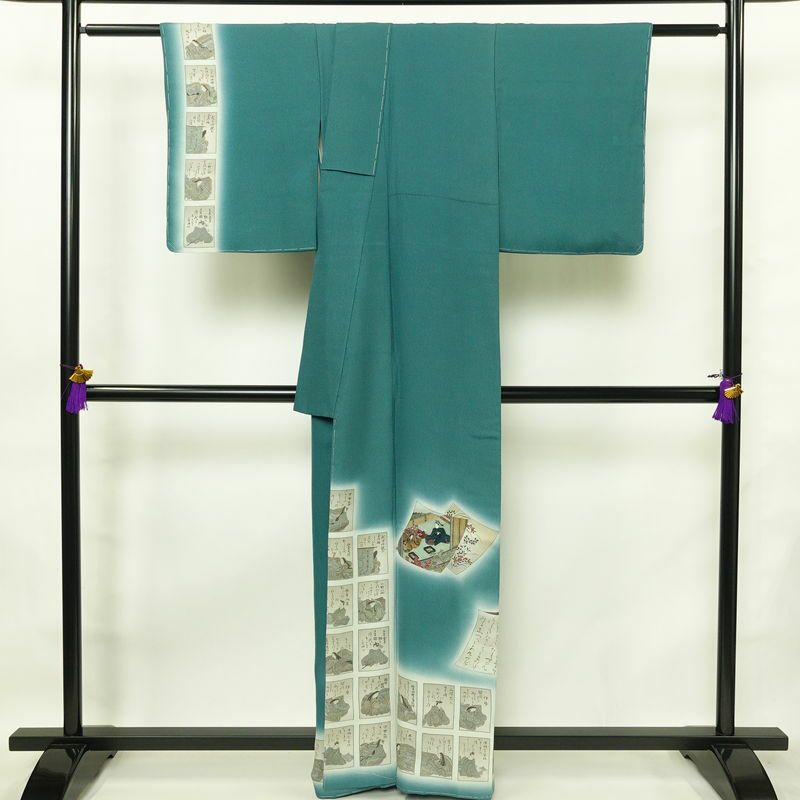 付け下げ 美品 しつけ糸付き 縮緬 正絹 人物・動物柄 袷仕立て 身丈161cm 裄丈64cm 箔 共八掛 フォーマル 着物 緑・うぐいす色_画像2