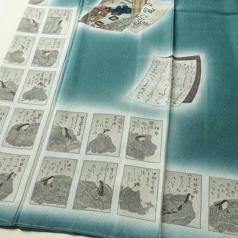 付け下げ 美品 しつけ糸付き 縮緬 正絹 人物・動物柄 袷仕立て 身丈161cm 裄丈64cm 箔 共八掛 フォーマル 着物 緑・うぐいす色_画像4