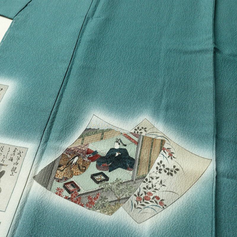 付け下げ 美品 しつけ糸付き 縮緬 正絹 人物・動物柄 袷仕立て 身丈161cm 裄丈64cm 箔 共八掛 フォーマル 着物 緑・うぐいす色_画像5