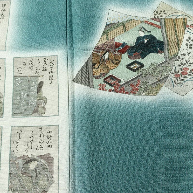 付け下げ 美品 しつけ糸付き 縮緬 正絹 人物・動物柄 袷仕立て 身丈161cm 裄丈64cm 箔 共八掛 フォーマル 着物 緑・うぐいす色_画像6