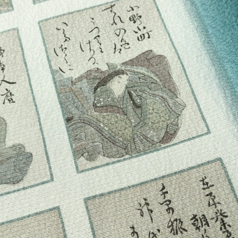 付け下げ 美品 しつけ糸付き 縮緬 正絹 人物・動物柄 袷仕立て 身丈161cm 裄丈64cm 箔 共八掛 フォーマル 着物 緑・うぐいす色_画像9