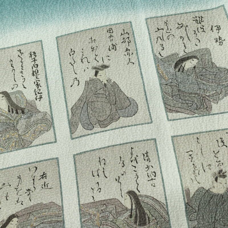 付け下げ 美品 しつけ糸付き 縮緬 正絹 人物・動物柄 袷仕立て 身丈161cm 裄丈64cm 箔 共八掛 フォーマル 着物 緑・うぐいす色_画像11