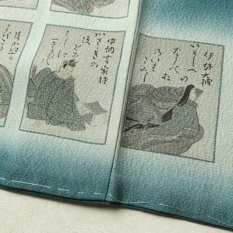 付け下げ 美品 しつけ糸付き 縮緬 正絹 人物・動物柄 袷仕立て 身丈161cm 裄丈64cm 箔 共八掛 フォーマル 着物 緑・うぐいす色_画像12