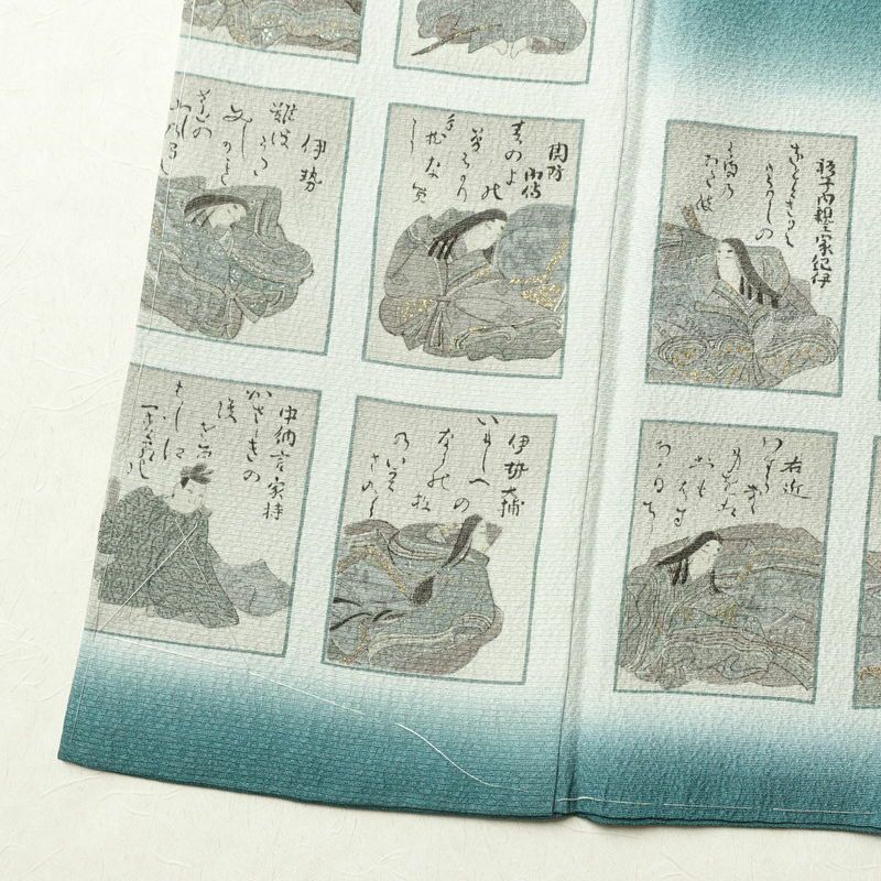 付け下げ 美品 しつけ糸付き 縮緬 正絹 人物・動物柄 袷仕立て 身丈161cm 裄丈64cm 箔 共八掛 フォーマル 着物 緑・うぐいす色_画像13