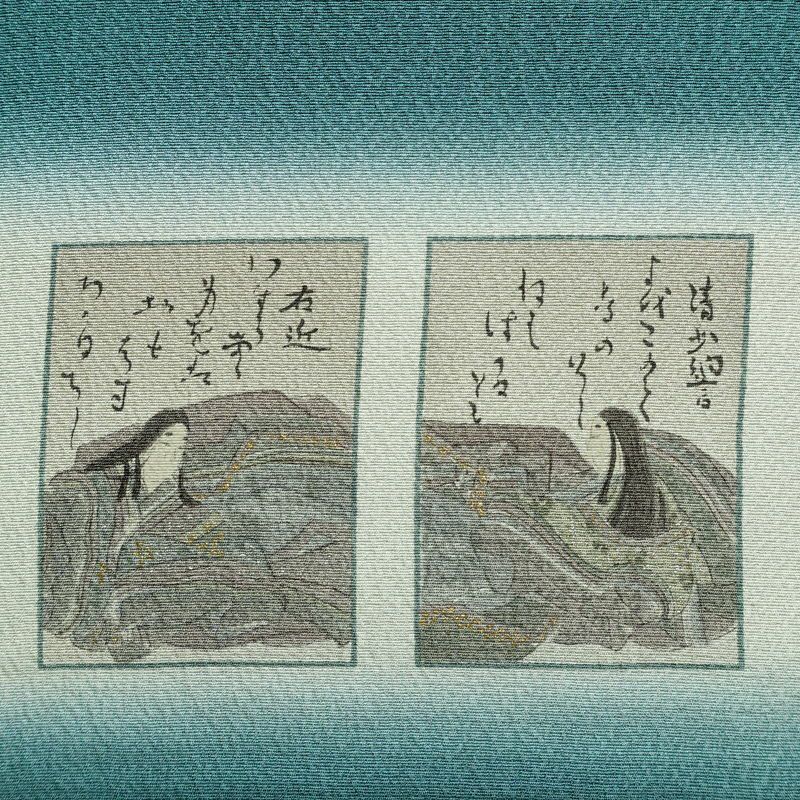 付け下げ 美品 しつけ糸付き 縮緬 正絹 人物・動物柄 袷仕立て 身丈161cm 裄丈64cm 箔 共八掛 フォーマル 着物 緑・うぐいす色_画像15