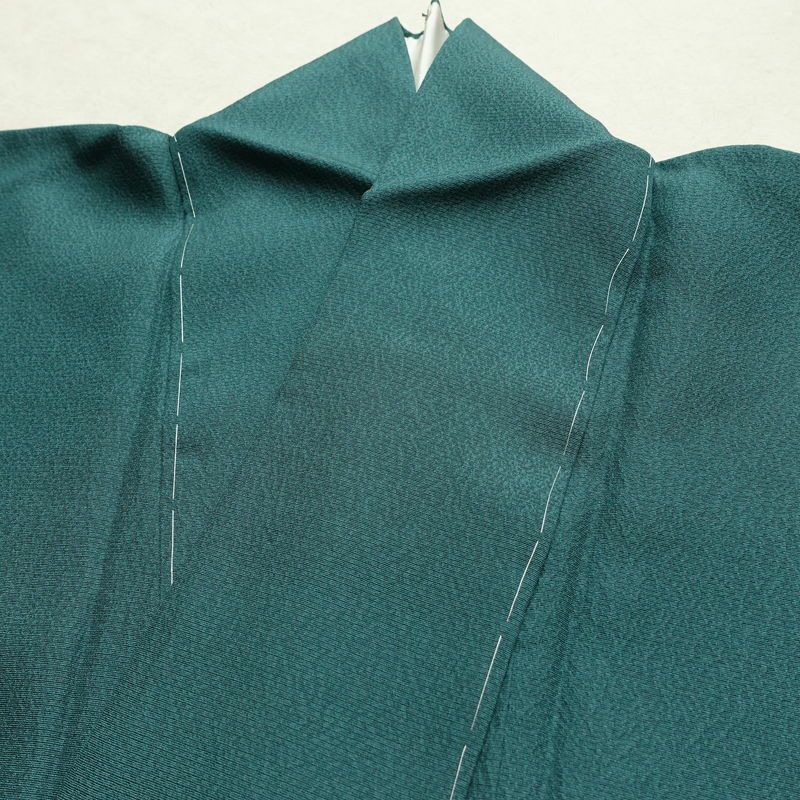 付け下げ 美品 しつけ糸付き 縮緬 正絹 人物・動物柄 袷仕立て 身丈161cm 裄丈64cm 箔 共八掛 フォーマル 着物 緑・うぐいす色_画像18
