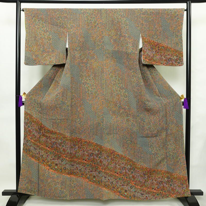 小紋 美品 しつけ糸付き 縮緬 付下小紋 正絹 幾何学柄・抽象柄 袷仕立て 身丈160.5cm 裄丈66cm 着物 多色使い_画像1