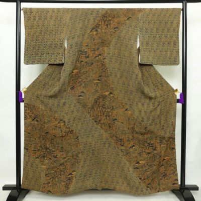 小紋 良品 縮緬 付下小紋 正絹 風景柄 袷仕立て 身丈160.5cm 裄丈67.5cm 着物 茶