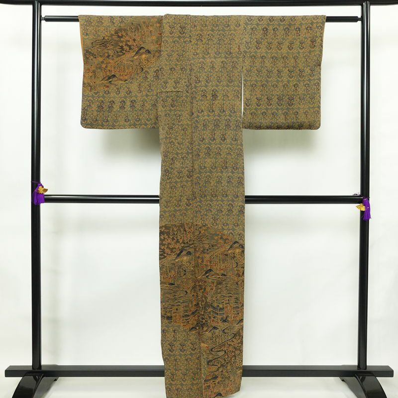 小紋 良品 縮緬 付下小紋 正絹 風景柄 袷仕立て 身丈160.5cm 裄丈67.5cm 着物 茶_画像2
