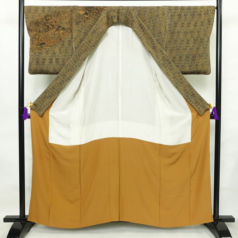 小紋 良品 縮緬 付下小紋 正絹 風景柄 袷仕立て 身丈160.5cm 裄丈67.5cm 着物 茶_画像3