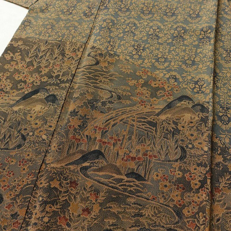 小紋 良品 縮緬 付下小紋 正絹 風景柄 袷仕立て 身丈160.5cm 裄丈67.5cm 着物 茶_画像5