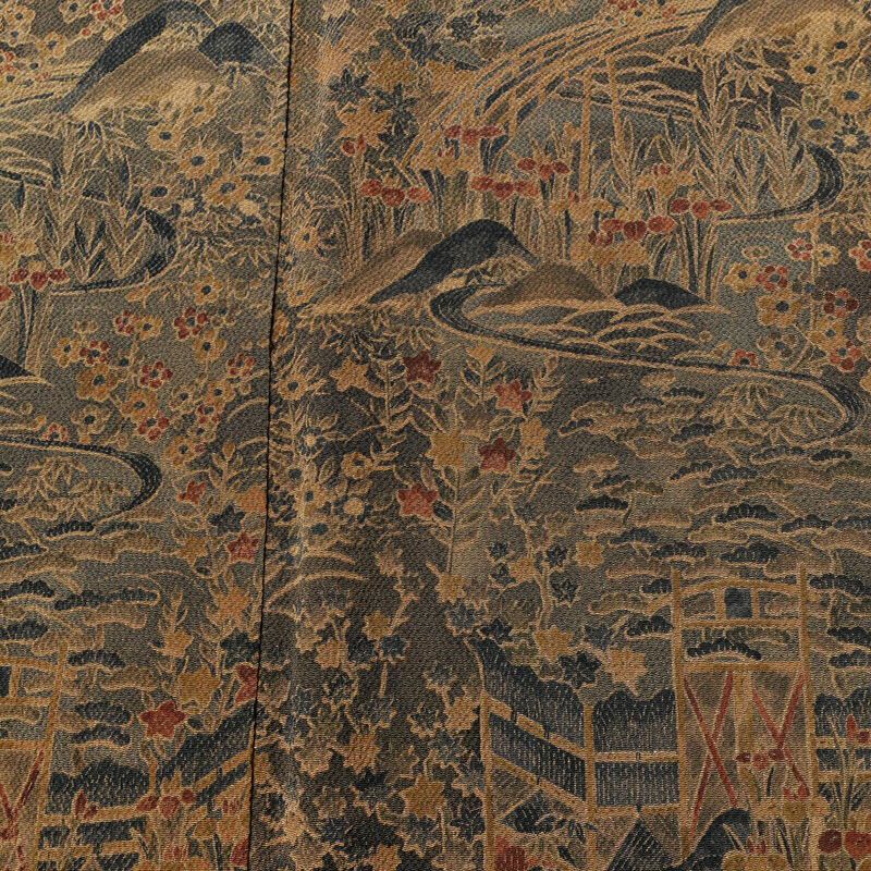 小紋 良品 縮緬 付下小紋 正絹 風景柄 袷仕立て 身丈160.5cm 裄丈67.5cm 着物 茶_画像6