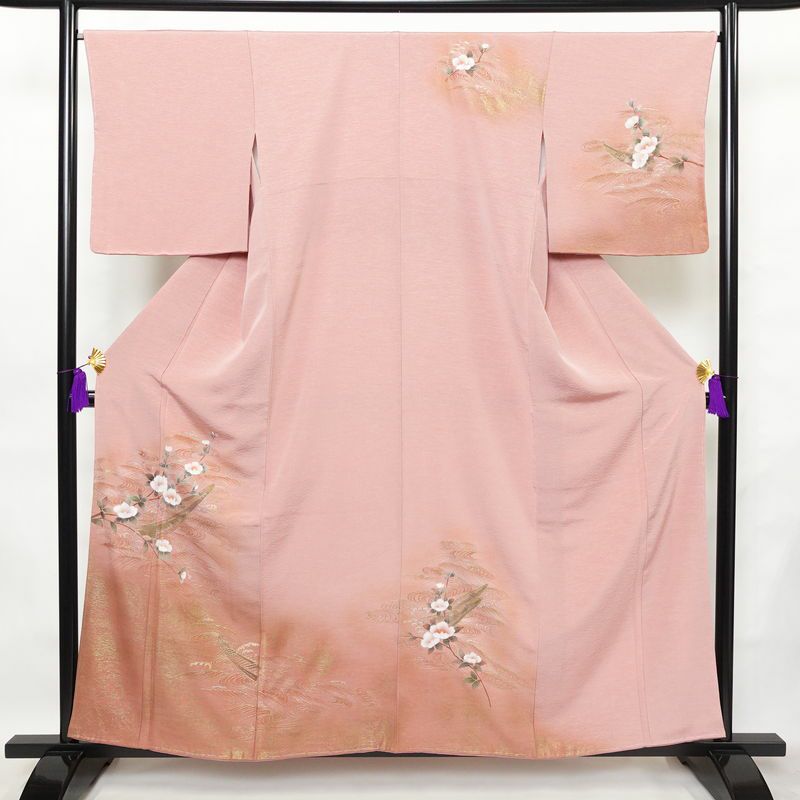 付け下げ しつけ糸付き 正絹 花柄 袷仕立て 身丈157.5cm 裄丈67cm 箔 フォーマル 着物 ピンク_画像1