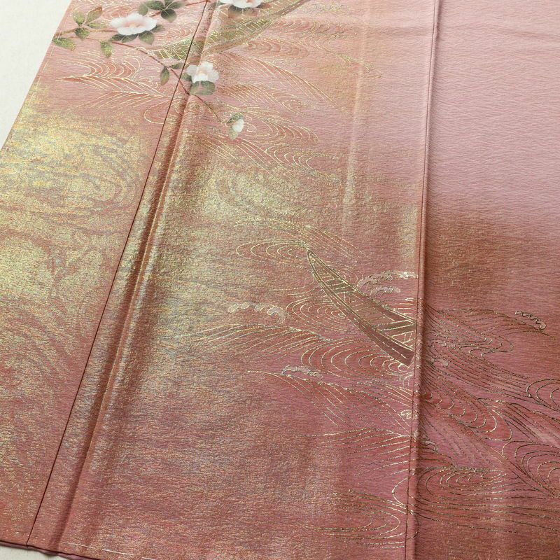 付け下げ しつけ糸付き 正絹 花柄 袷仕立て 身丈157.5cm 裄丈67cm 箔 フォーマル 着物 ピンク_画像4