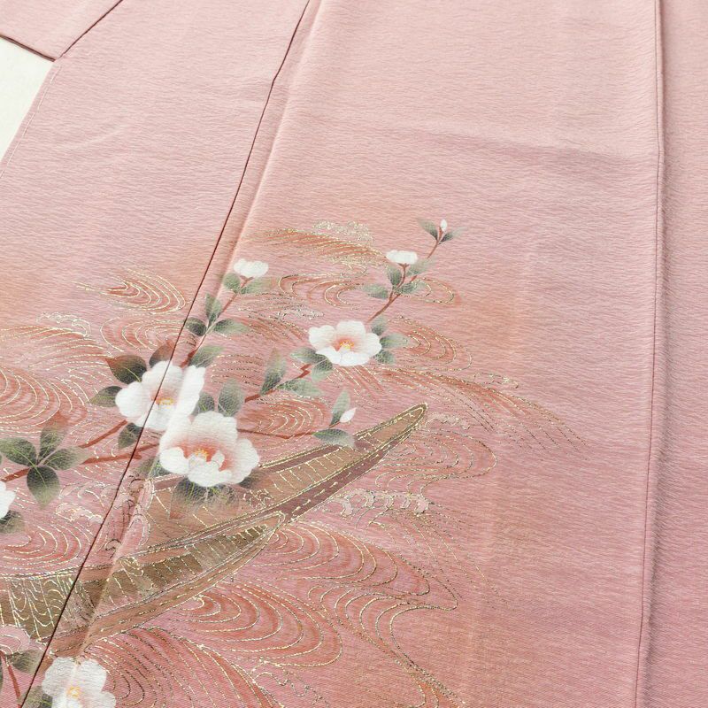 付け下げ しつけ糸付き 正絹 花柄 袷仕立て 身丈157.5cm 裄丈67cm 箔 フォーマル 着物 ピンク_画像5