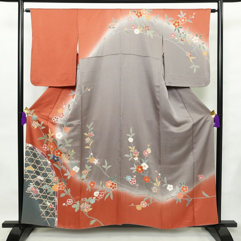 訪問着 良品 綸子 正絹 花柄 袷仕立て 身丈157.5cm 裄丈64cm 箔 フォーマル 紫・藤色_画像1