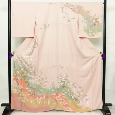 訪問着 金駒刺繍 正絹 古典柄 袷仕立て 身丈164cm 裄丈68cm 箔 金彩 フォーマル 着物 ピンク