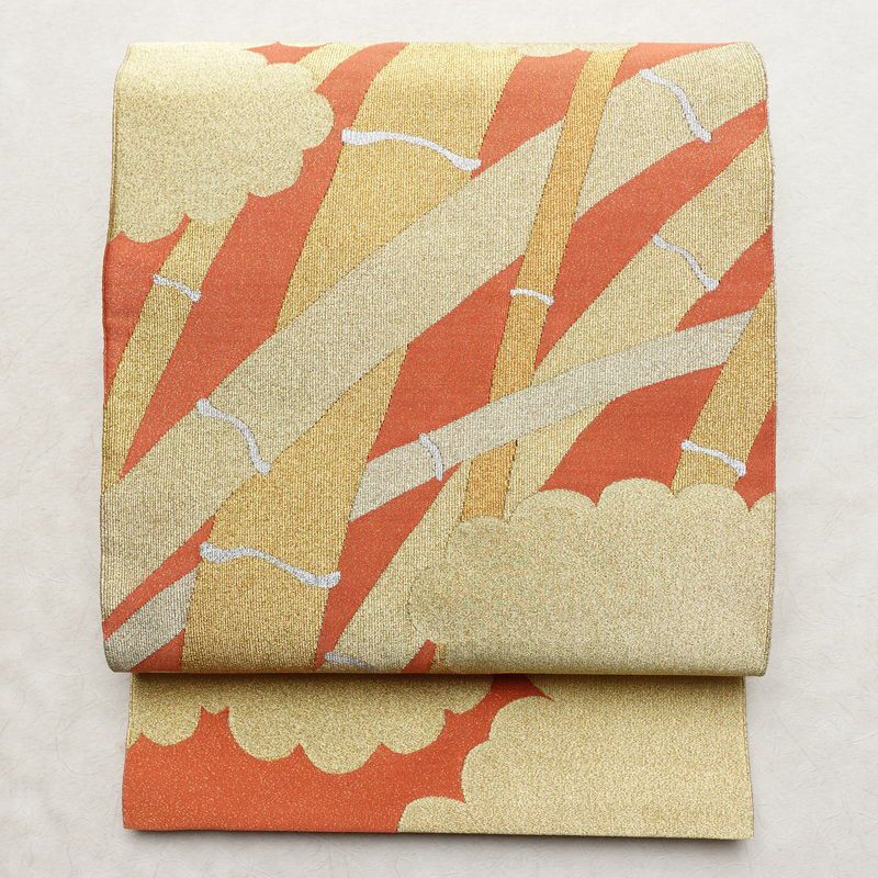 袋帯 つづれ織 太鼓柄 良品 フォーマル用 正絹 木の葉・植物柄 金糸 帯 クリーム_画像1