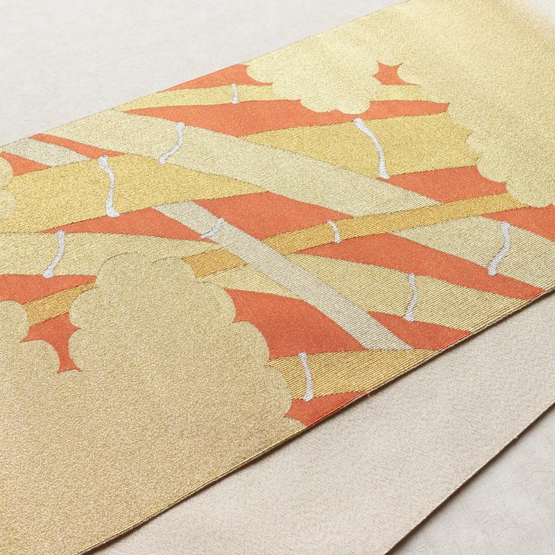 袋帯 つづれ織 太鼓柄 良品 フォーマル用 正絹 木の葉・植物柄 金糸 帯 クリーム_画像11