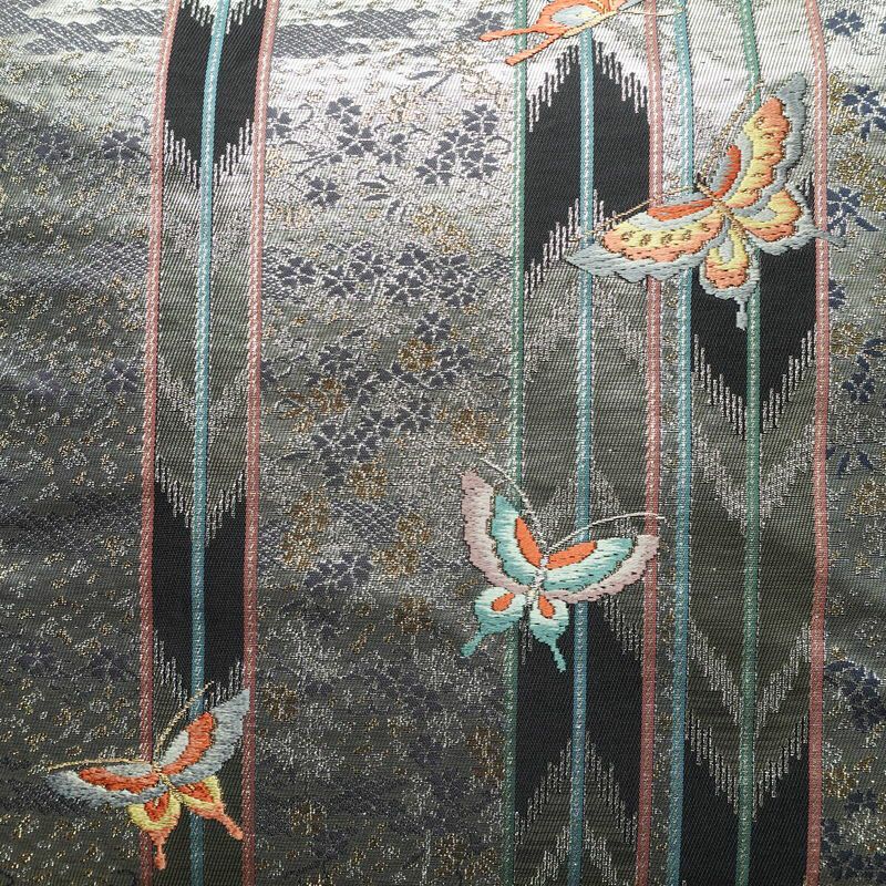袋帯 六通柄 フォーマル用 正絹 蝶・昆虫柄 箔 金糸 帯 金・銀_画像2
