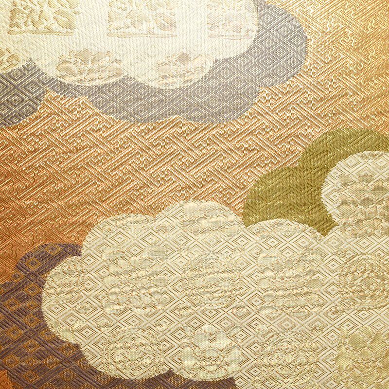 袋帯 六通柄 良品 フォーマル用 正絹 雲柄 箔 帯 橙_画像2