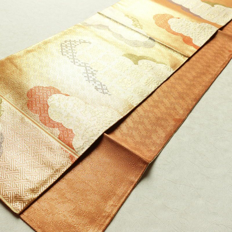 袋帯 六通柄 良品 フォーマル用 正絹 雲柄 箔 帯 橙_画像8