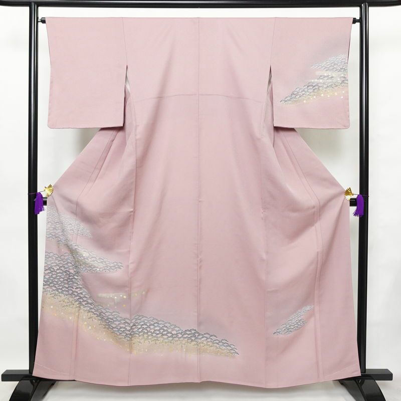 付け下げ 良品 正絹 風景柄 袷仕立て 身丈159.5cm 裄丈65.5cm 箔 一部しつけ糸付き フォーマル 着物 紫・藤色_画像1