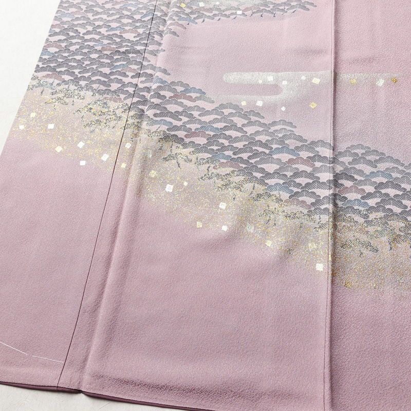 付け下げ 良品 正絹 風景柄 袷仕立て 身丈159.5cm 裄丈65.5cm 箔 一部しつけ糸付き フォーマル 着物 紫・藤色_画像4